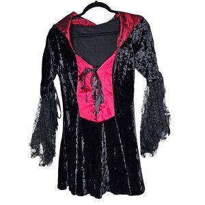 Leg Avenue Size M L Black Red Velour Mini Dress Lace Bell Flare Sleeves Lace Up